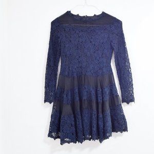 MILKCOCOA K-Fashion Navy Floral Lace & Chiffon Panel Long Sleeve Mini Dress